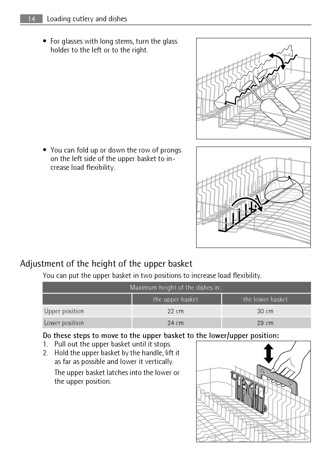 AEG 45003 user manual Adjustment of the height of the upper basket 