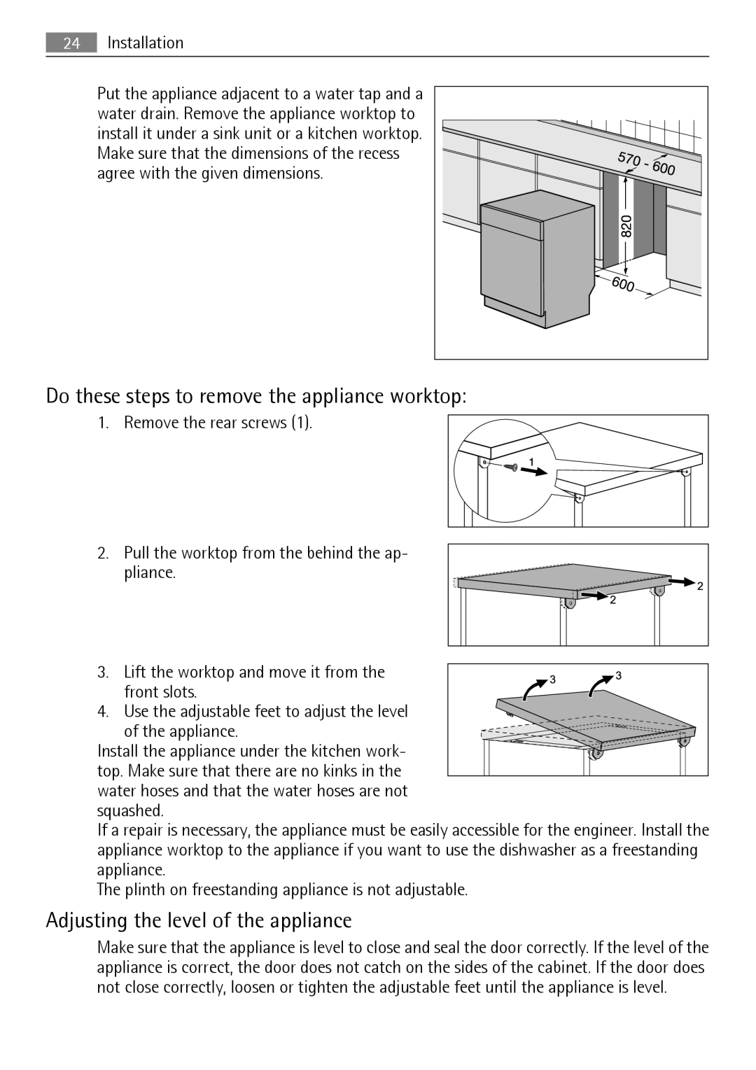 AEG 45003 user manual Do these steps to remove the appliance worktop, Adjusting the level of the appliance 