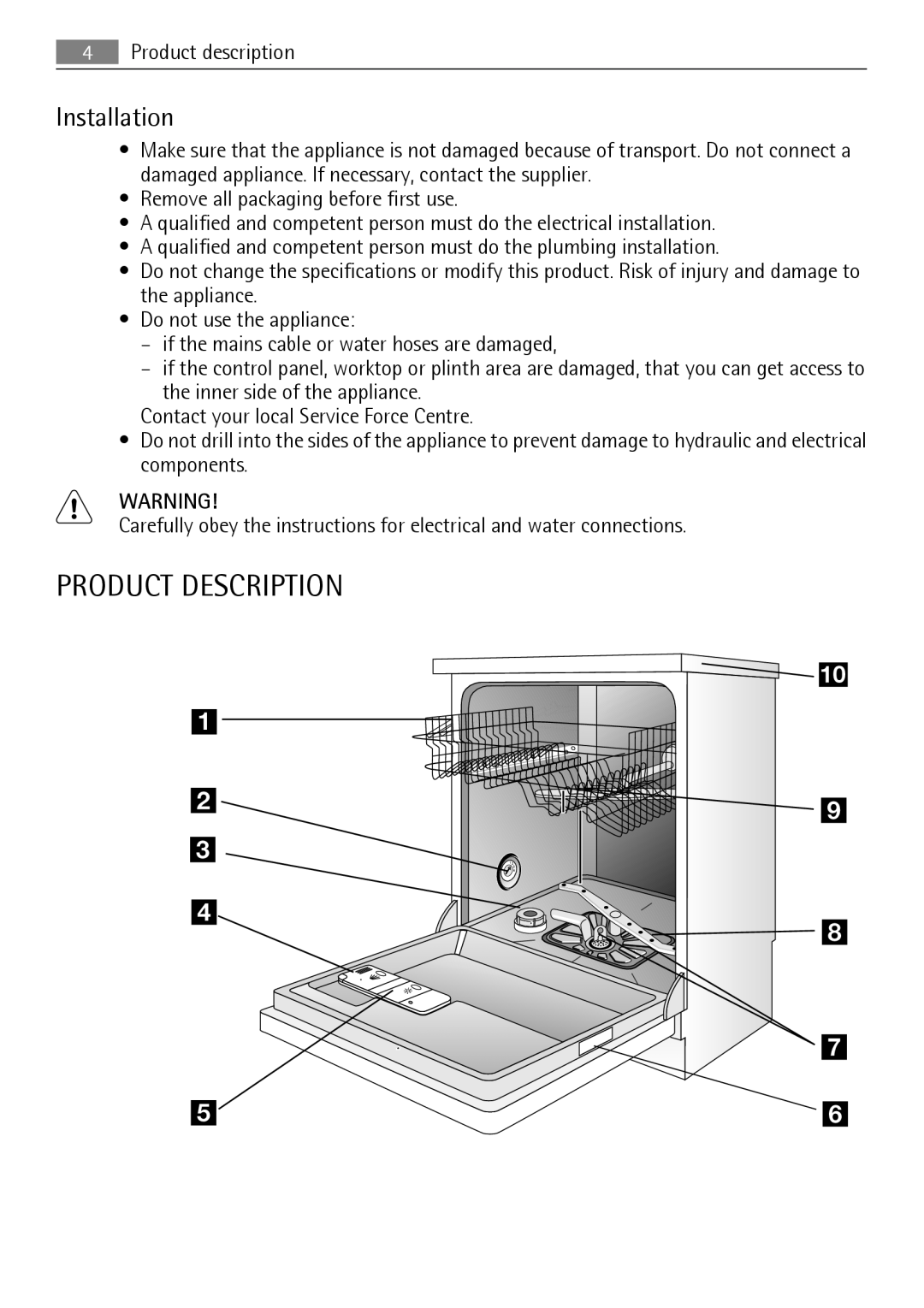 AEG 45003 user manual Product Description, Installation 