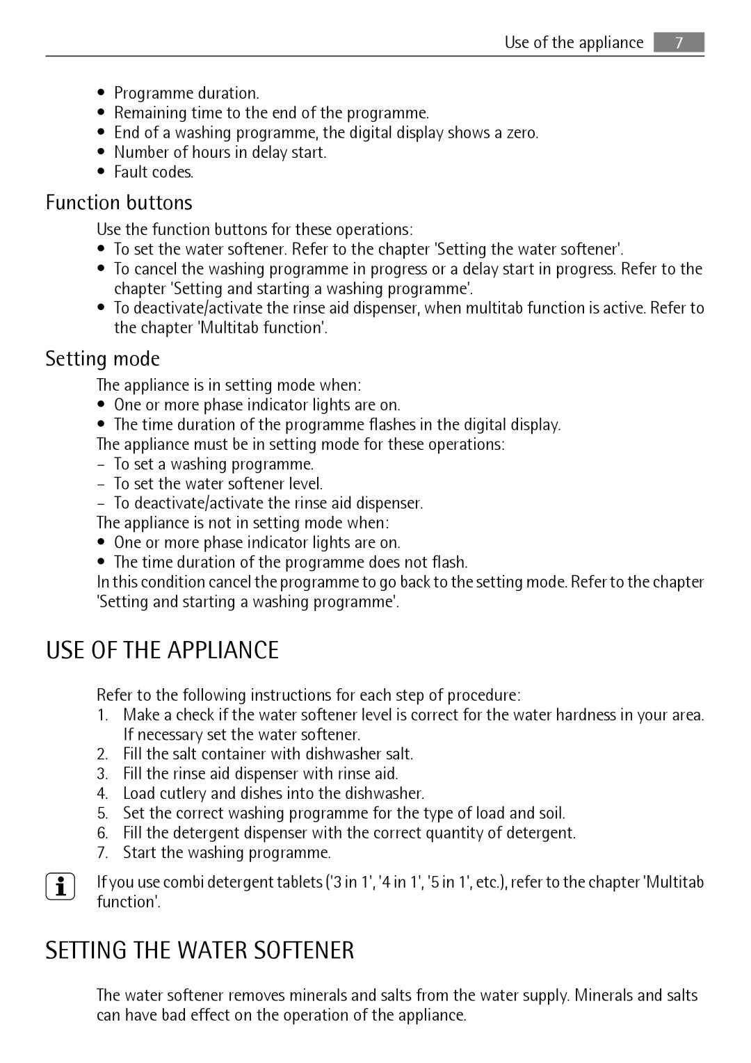 AEG 45003 user manual Use Of The Appliance, Setting The Water Softener, Function buttons, Setting mode 