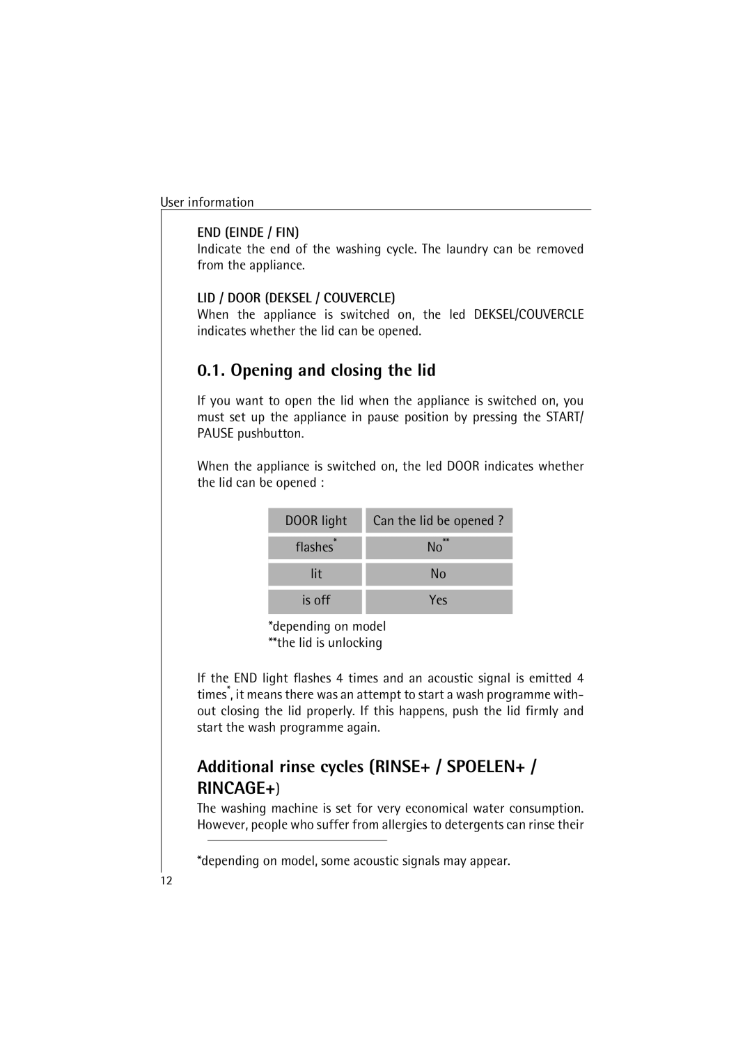 AEG 4520 manual Opening and closing the lid, Additional rinse cycles RINSE+ / SPOELEN+ 