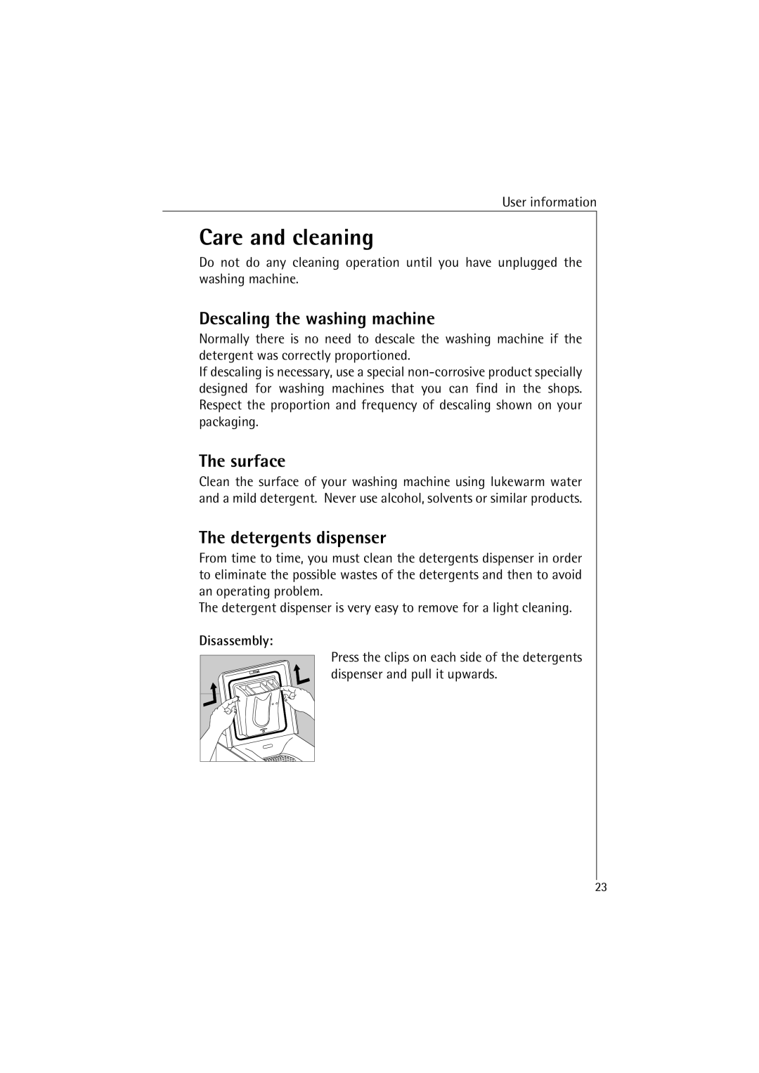 AEG 4520 manual Care and cleaning, Descaling the washing machine, Surface, Disassembly 