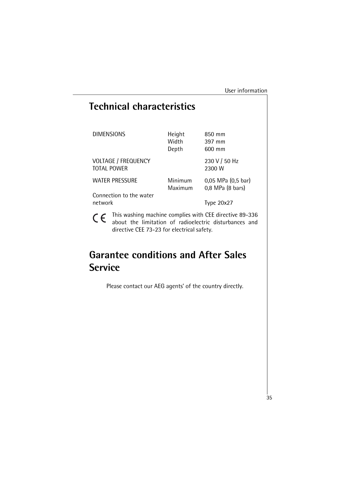 AEG 4520 manual Technical characteristics, Garantee conditions and After Sales Service 