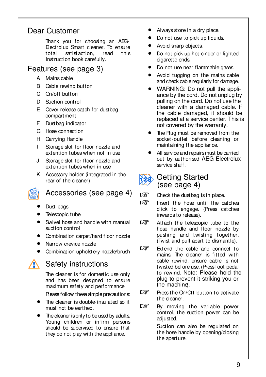 AEG 460, 485 manual Dear Customer, Features see, Accessories see, Safety instructions 