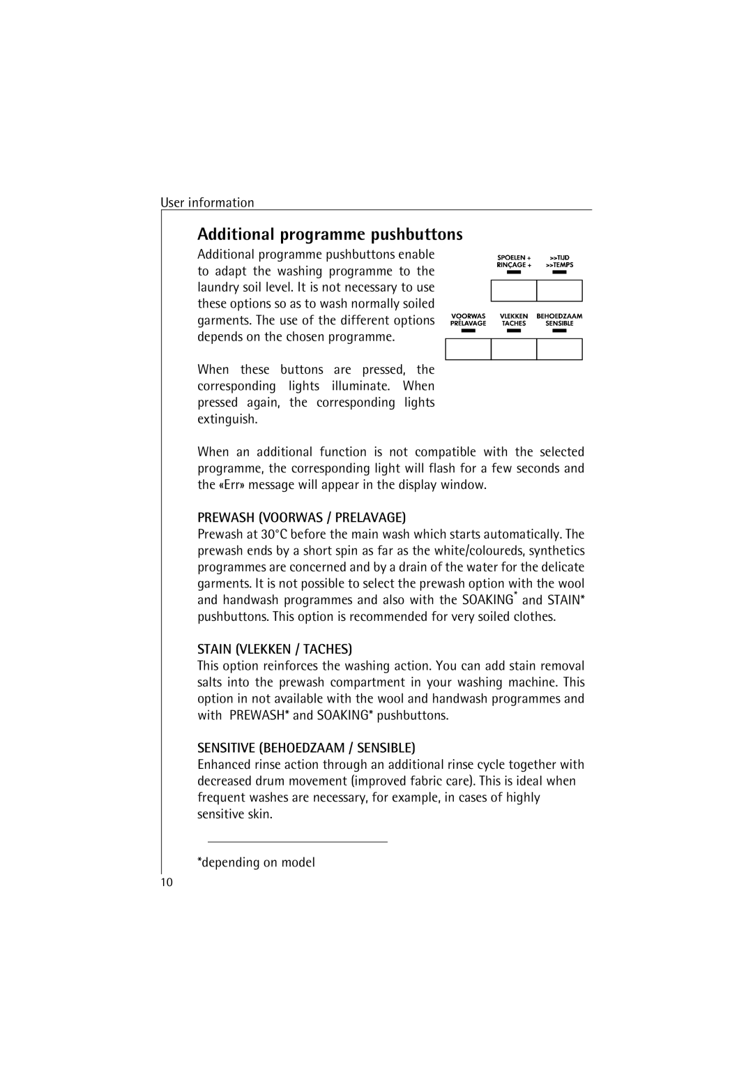 AEG 47380 manual Additional programme pushbuttons, Prewash Voorwas / Prelavage, Stain Vlekken / Taches 