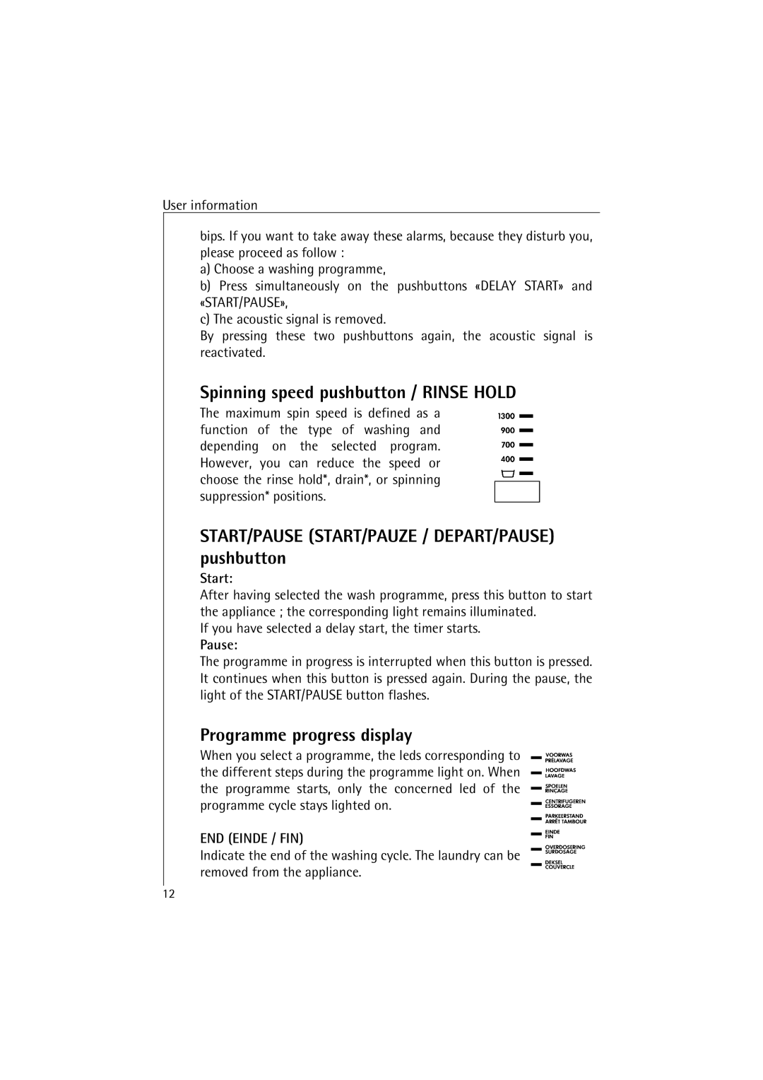 AEG 47380 manual Spinning speed pushbutton / Rinse Hold, Pushbutton, Programme progress display, END Einde / FIN 