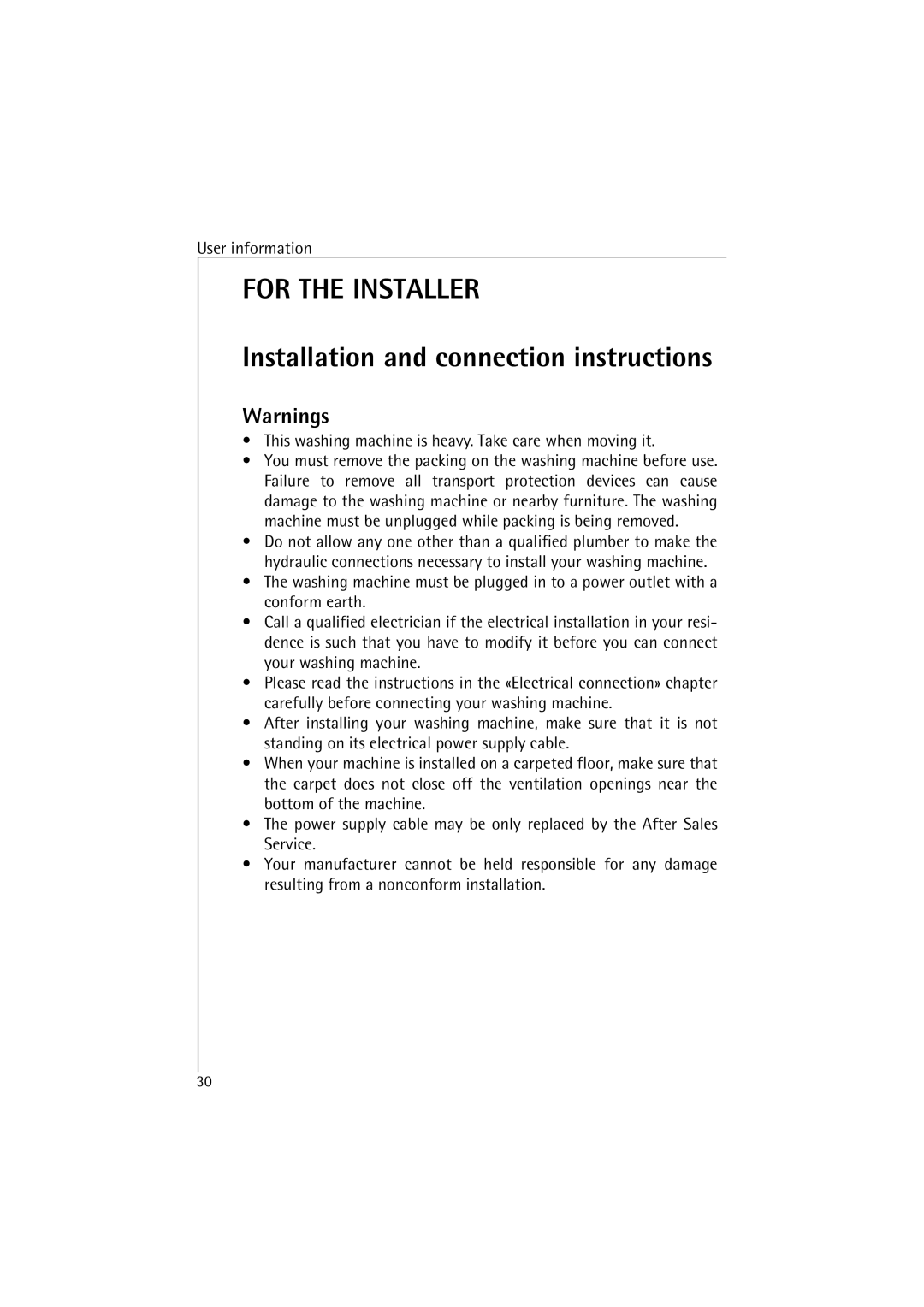 AEG 47380 manual For the Installer, Installation and connection instructions 