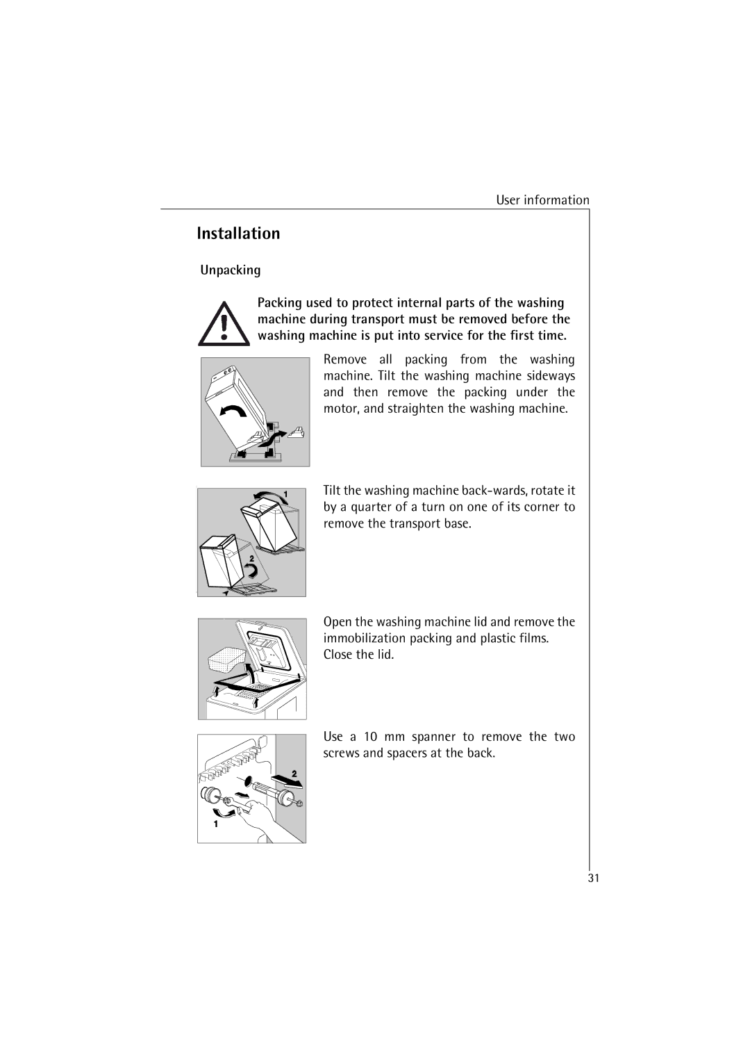 AEG 47380 manual Installation, Unpacking 