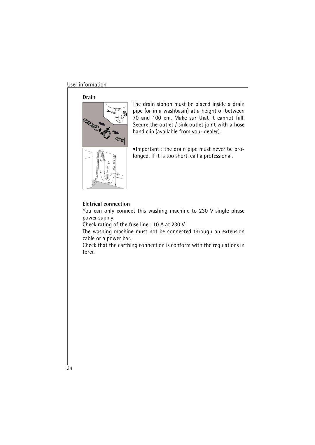 AEG 47380 manual Drain, Eletrical connection 