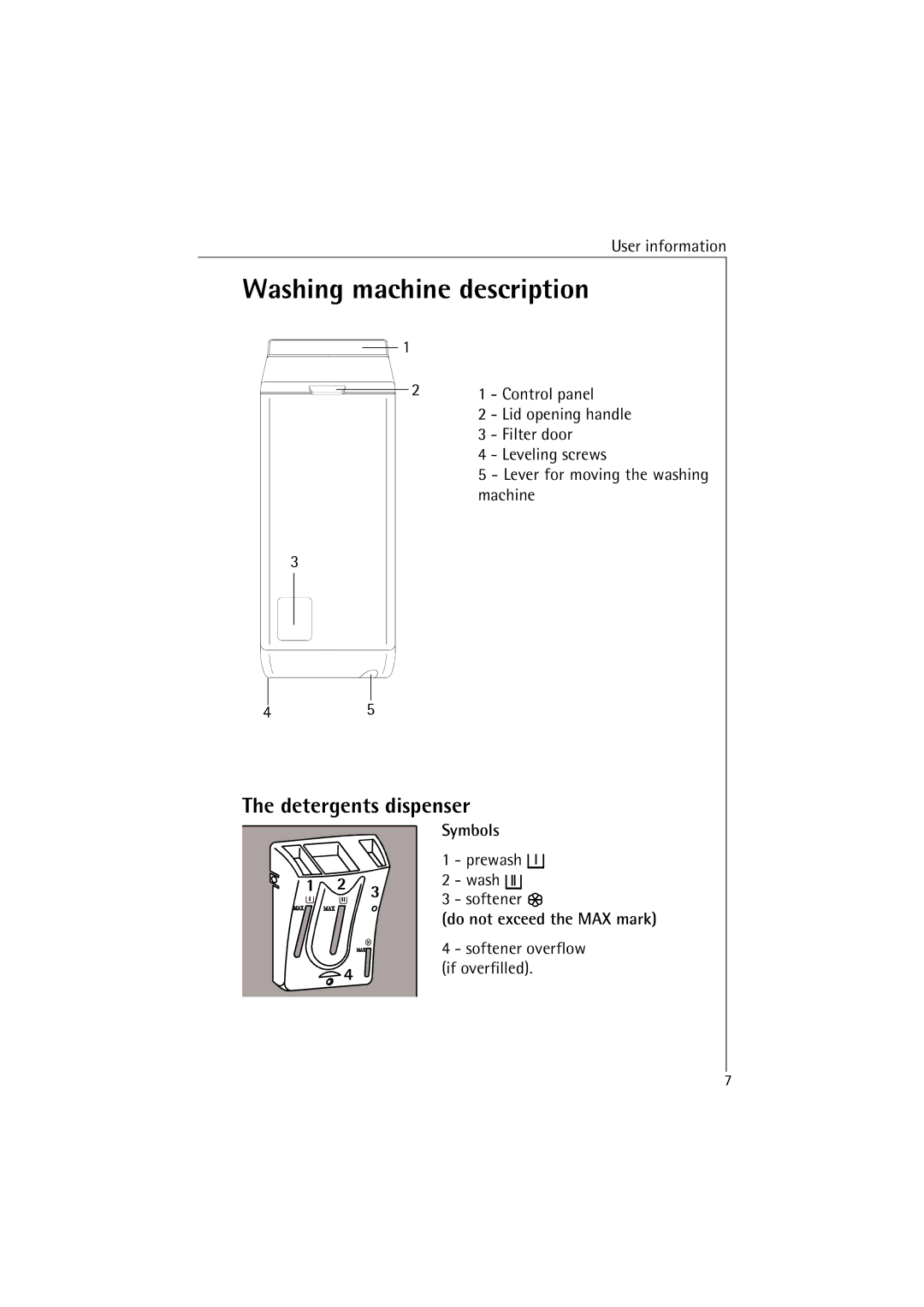 AEG 47380 manual Washing machine description, Detergents dispenser, Symbols, Do not exceed the MAX mark 