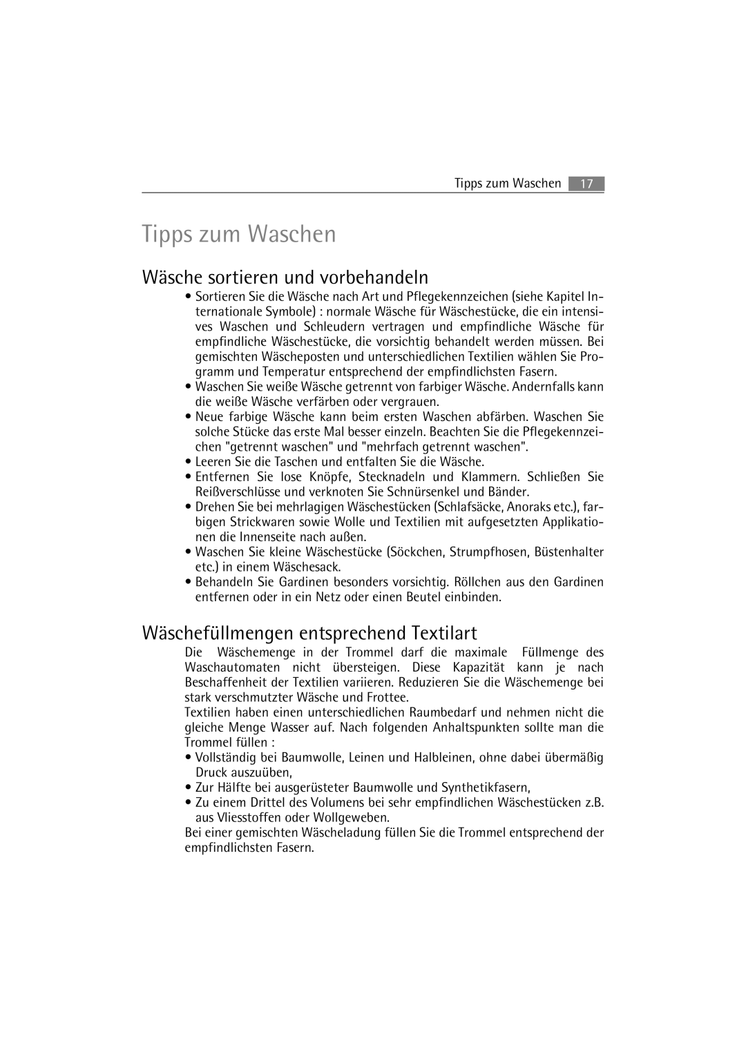 AEG 47230, 47430 manual Tipps zum Waschen, Wäsche sortieren und vorbehandeln, Wäschefüllmengen entsprechend Textilart 