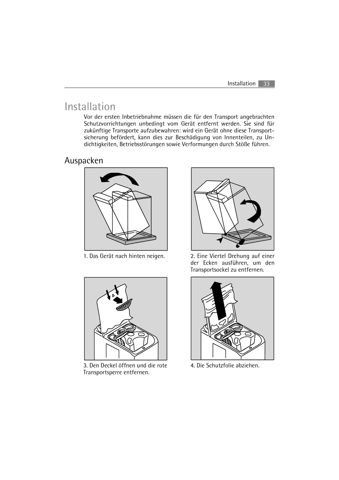 AEG 47230, 47430 manual Installation, Auspacken 