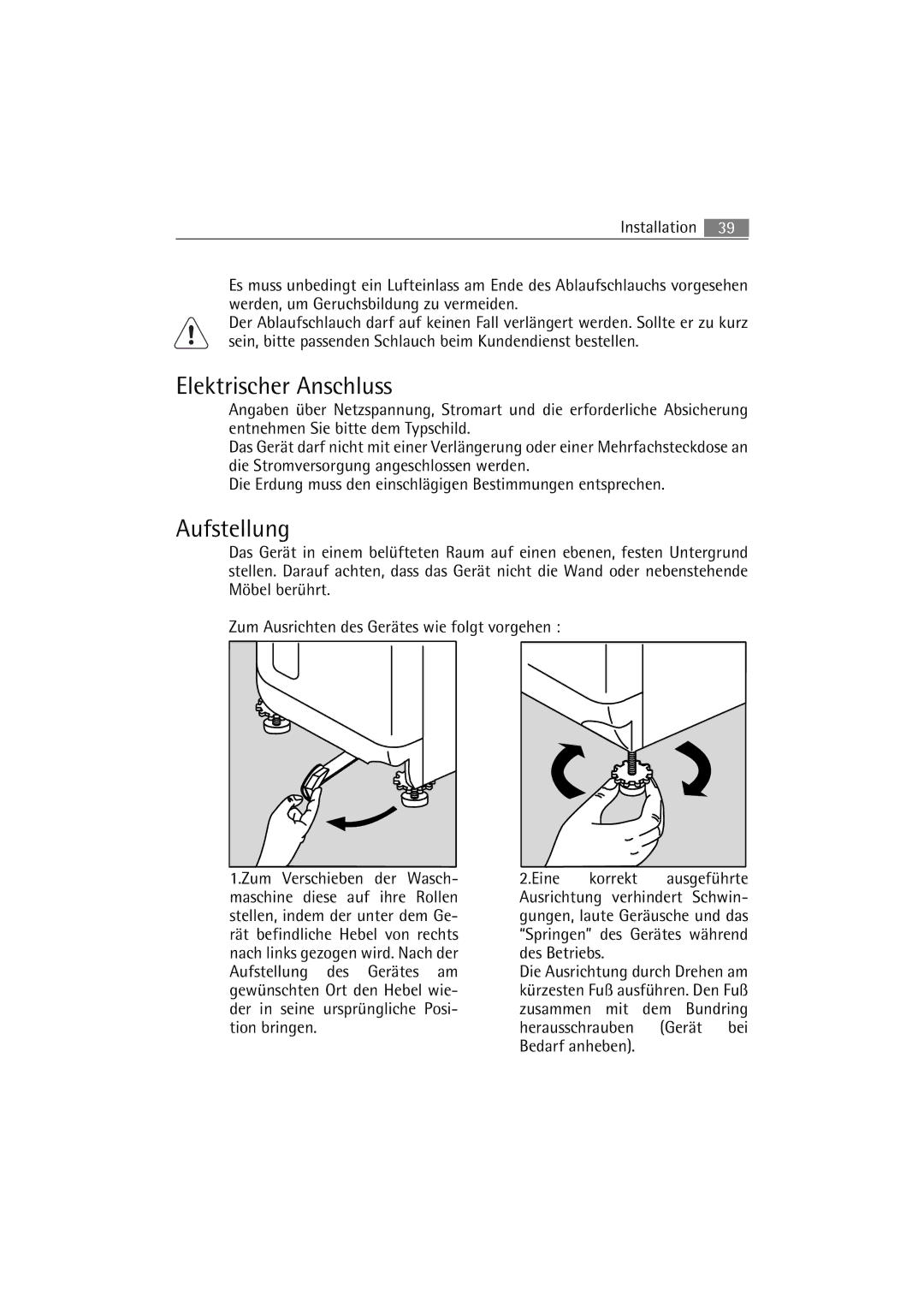 AEG 47230, 47430 manual Elektrischer Anschluss, Aufstellung 