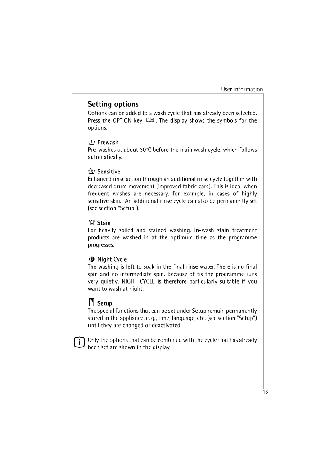 AEG 48380 manual Setting options 