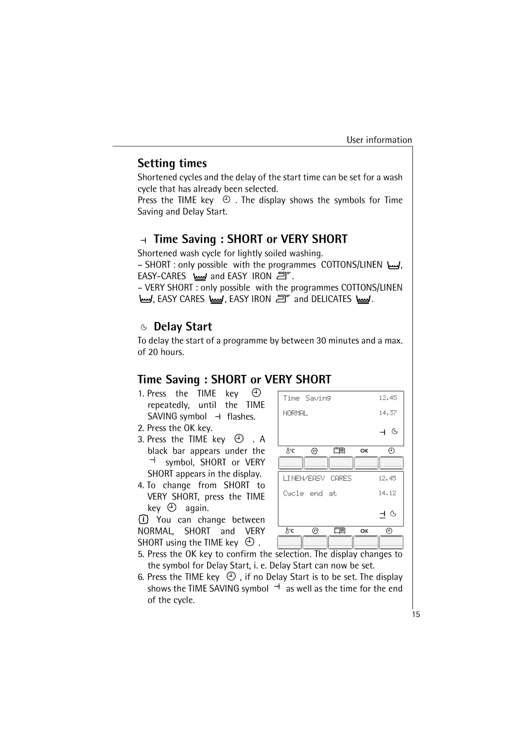 AEG 48380 manual Setting times, Time Saving Short or Very Short, Delay Start, Short Very 