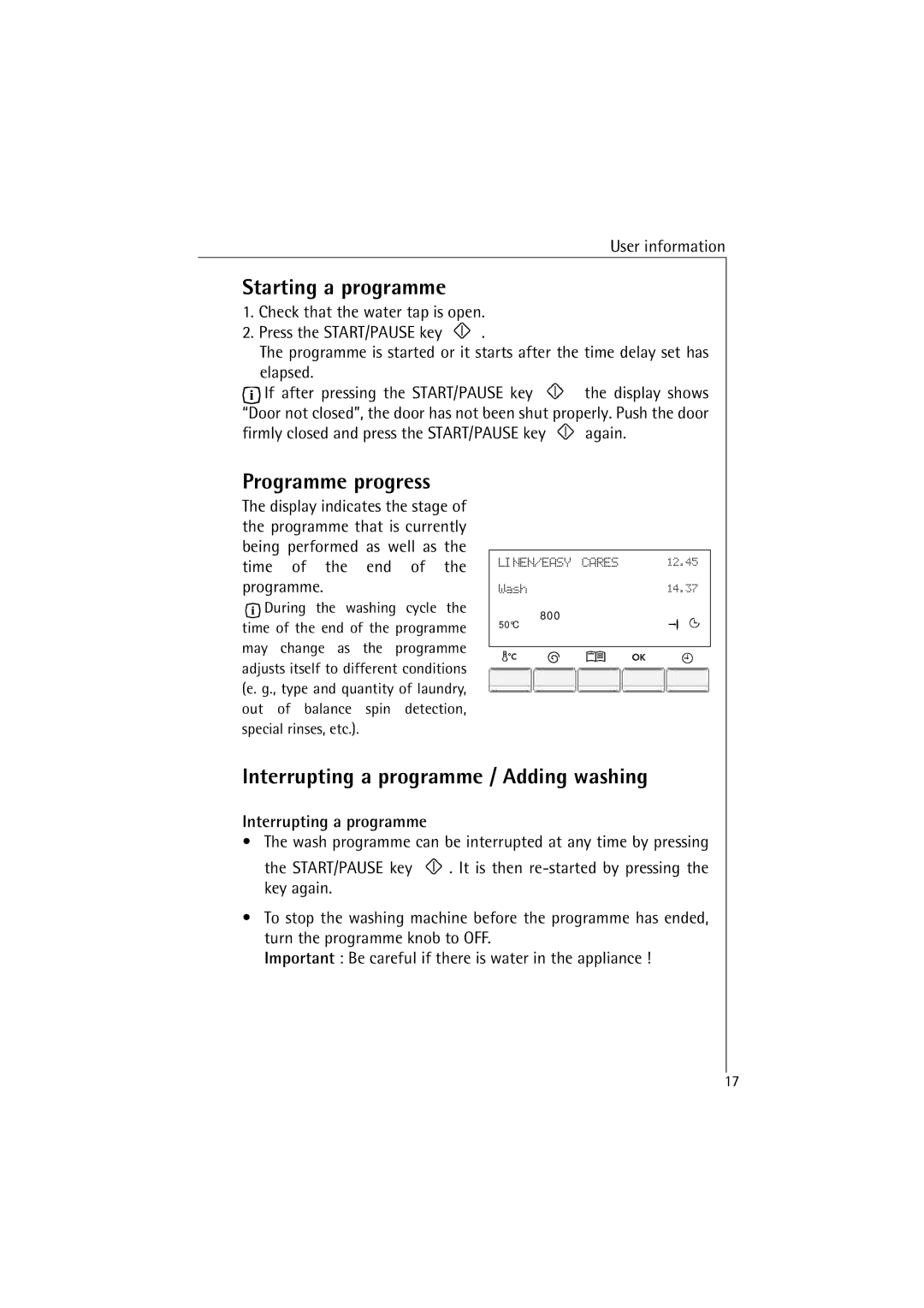 AEG 48380 manual Starting a programme, Programme progress, Interrupting a programme / Adding washing 