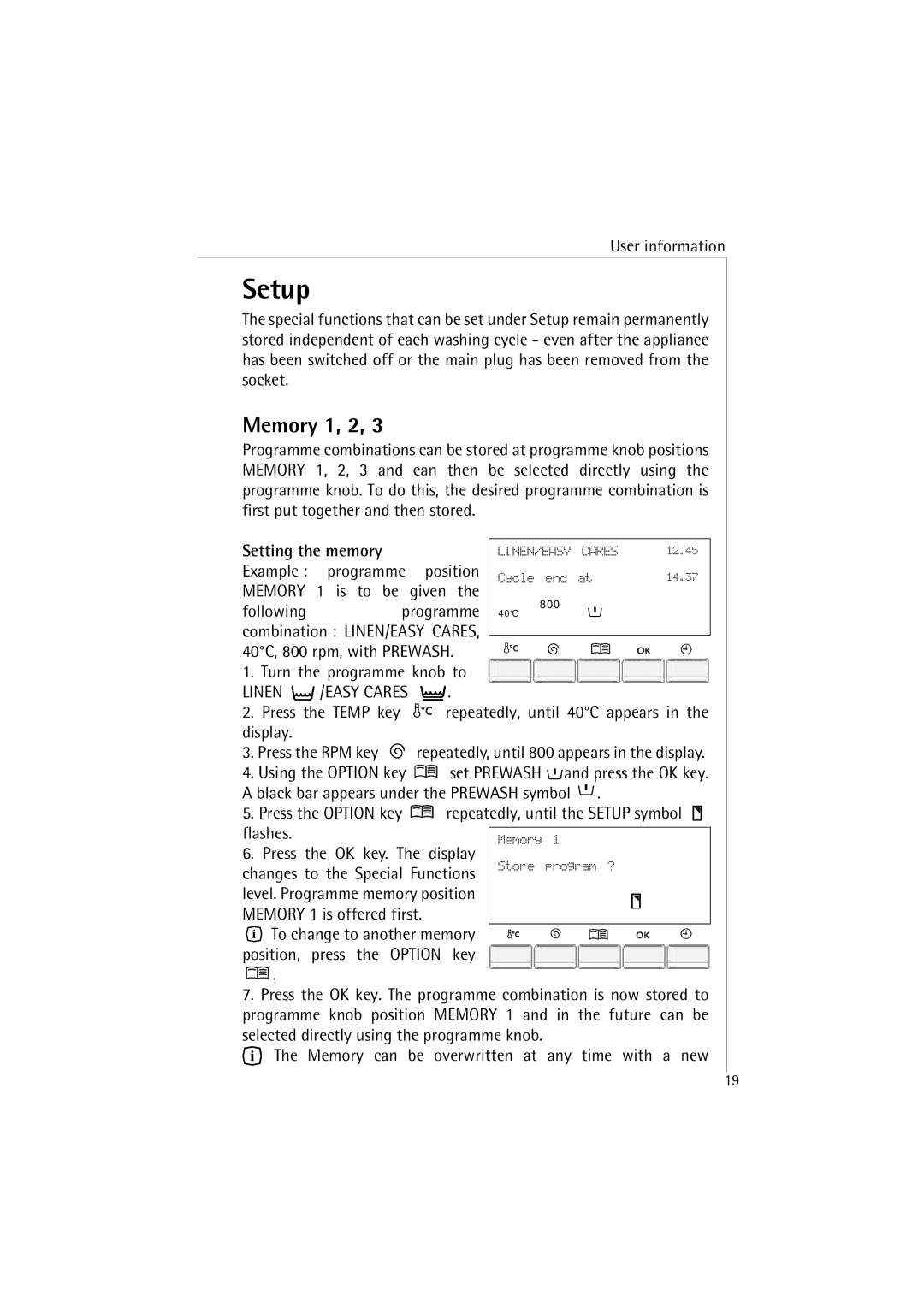 AEG 48380 manual Setup, Memory 1, 2, Setting the memory, Linen 