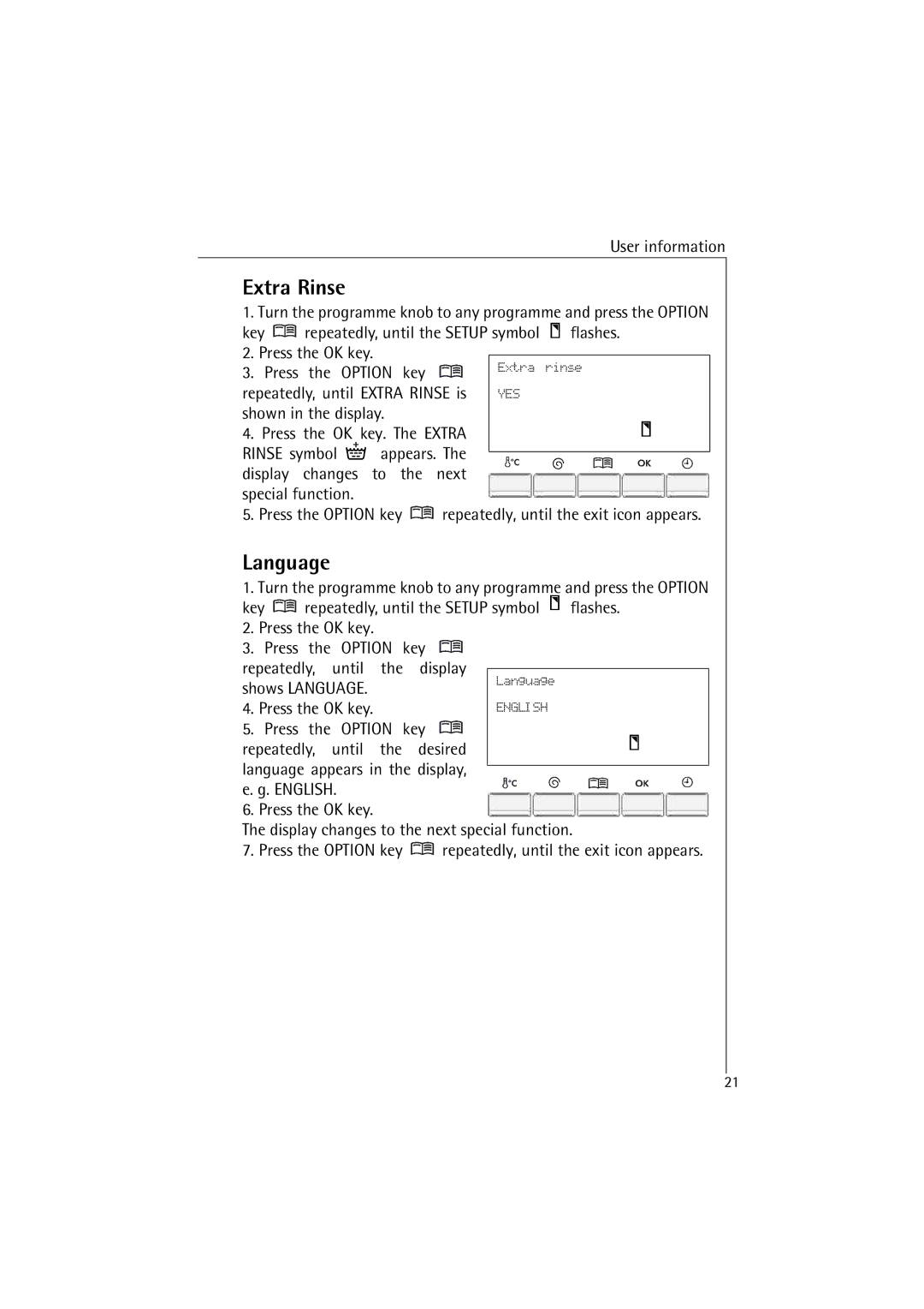 AEG 48380 manual Extra Rinse, Language, Press the Option key Repeatedly Until 