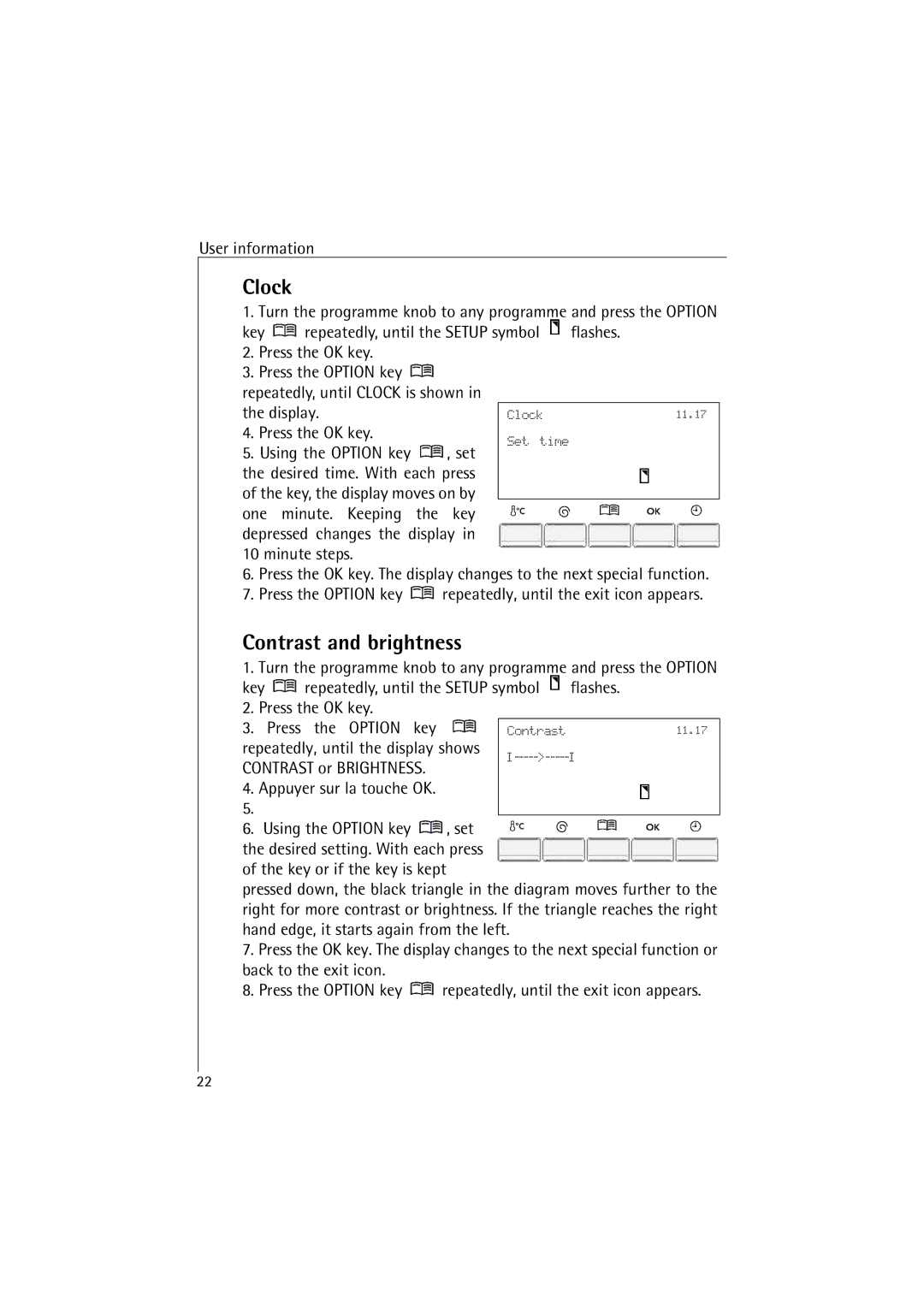 AEG 48380 manual Clock, Contrast and brightness, Using the Option key Set Desired time. With each press 