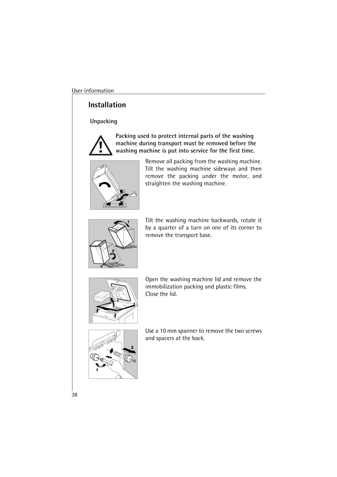 AEG 48380 manual Installation, Unpacking 