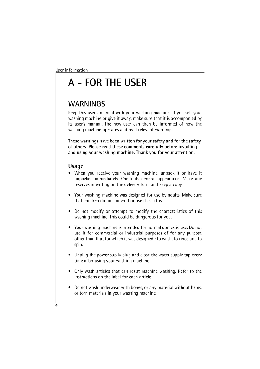 AEG 48380 manual For the User, Usage 