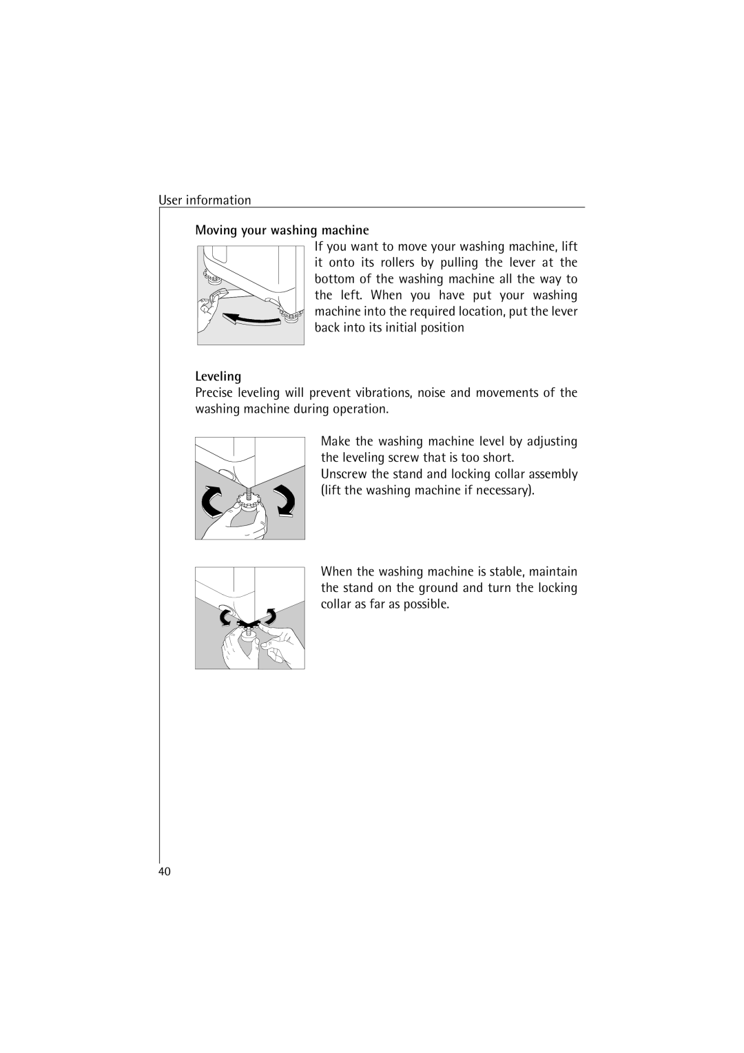 AEG 48380 manual Moving your washing machine, Leveling 