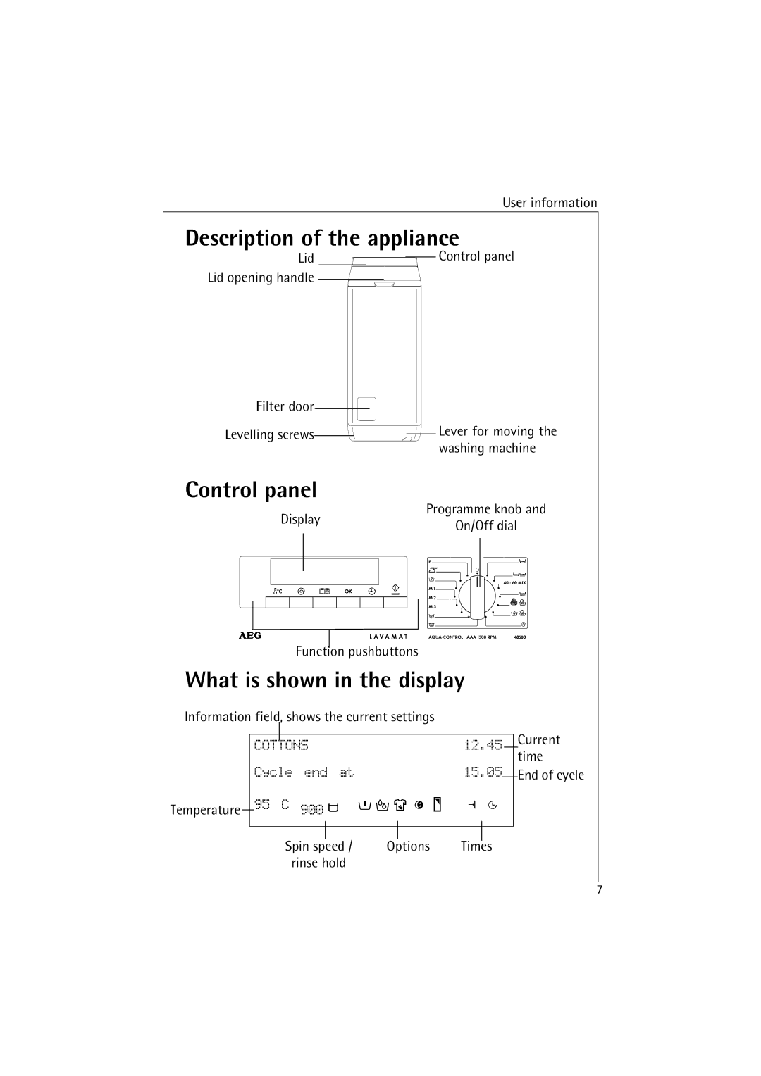 AEG 48380 manual Description of the appliance, Control panel, What is shown in the display 