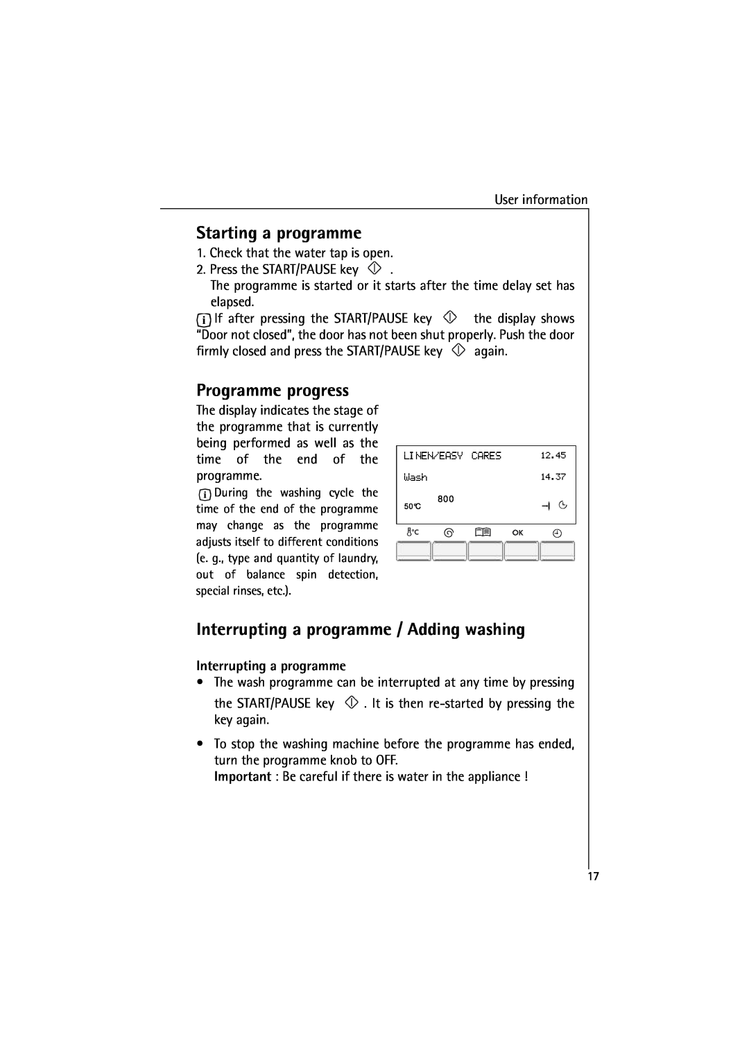 AEG 48380 manual Starting a programme, Programme progress, Interrupting a programme / Adding washing 