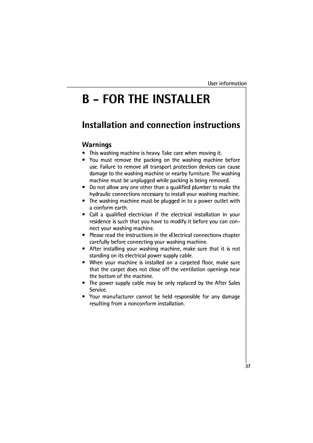 AEG 48380 manual B - For The Installer, Installation and connection instructions, Warnings 