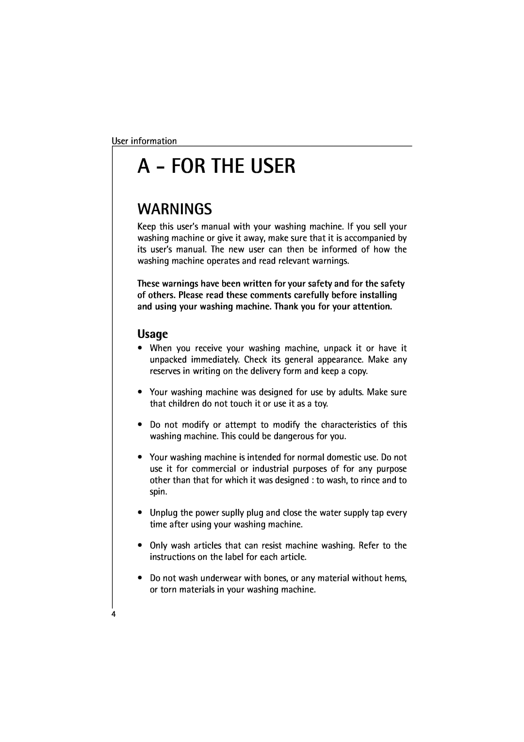 AEG 48380 manual A - For The User, Warnings, Usage 