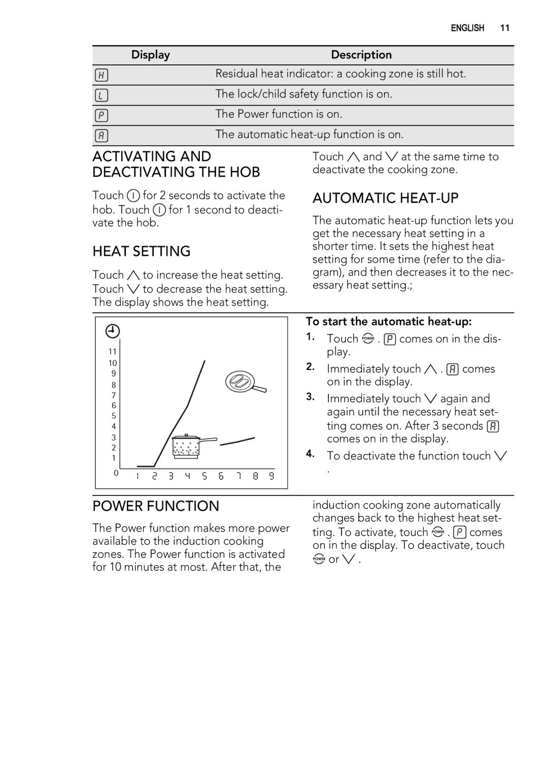 AEG 49332I-MN user manual Activating and Deactivating the HOB, Heat Setting, Automatic HEAT-UP, Power Function 