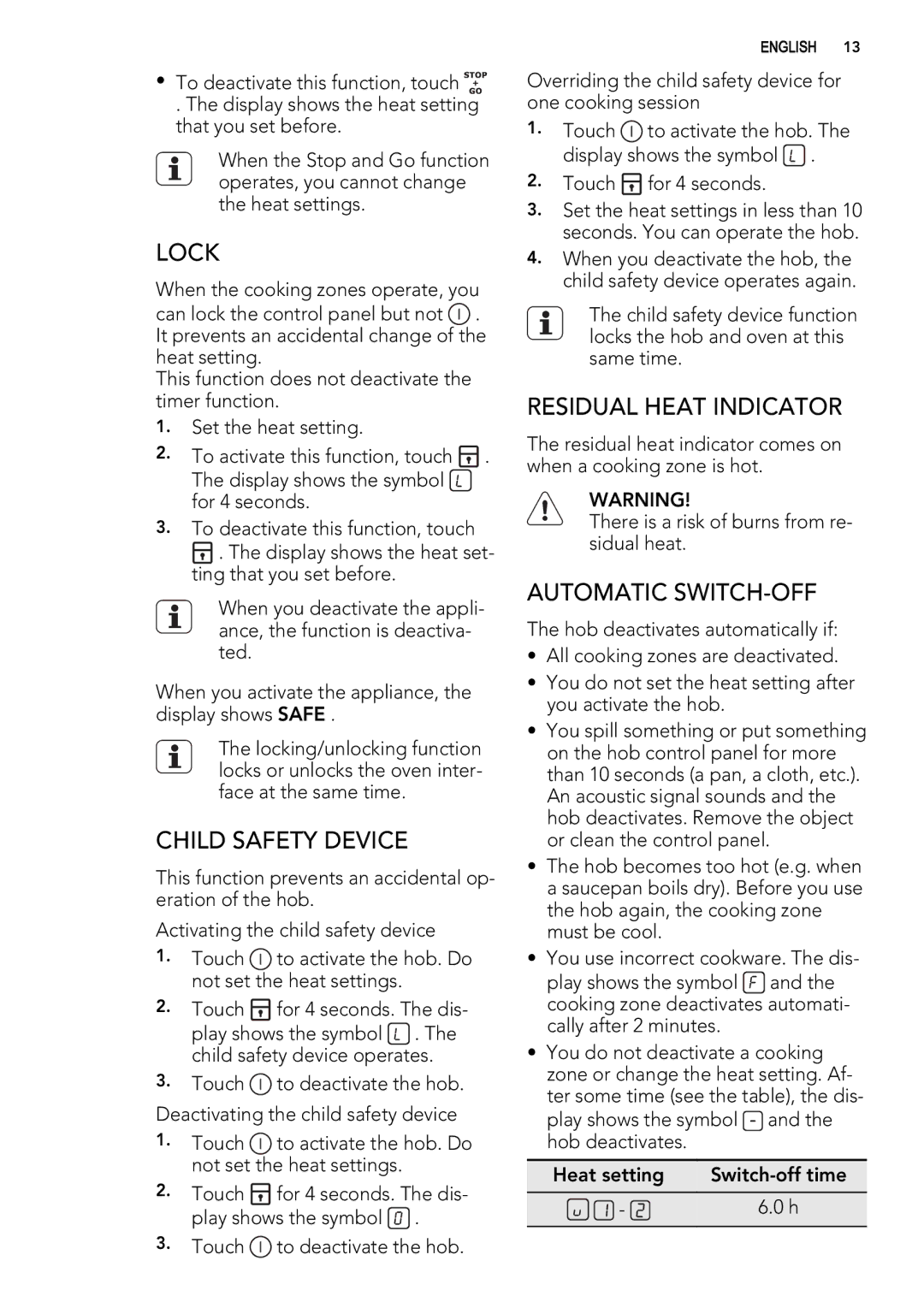 AEG 49332I-MN user manual Lock, Child Safety Device, Residual Heat Indicator, Automatic SWITCH-OFF 