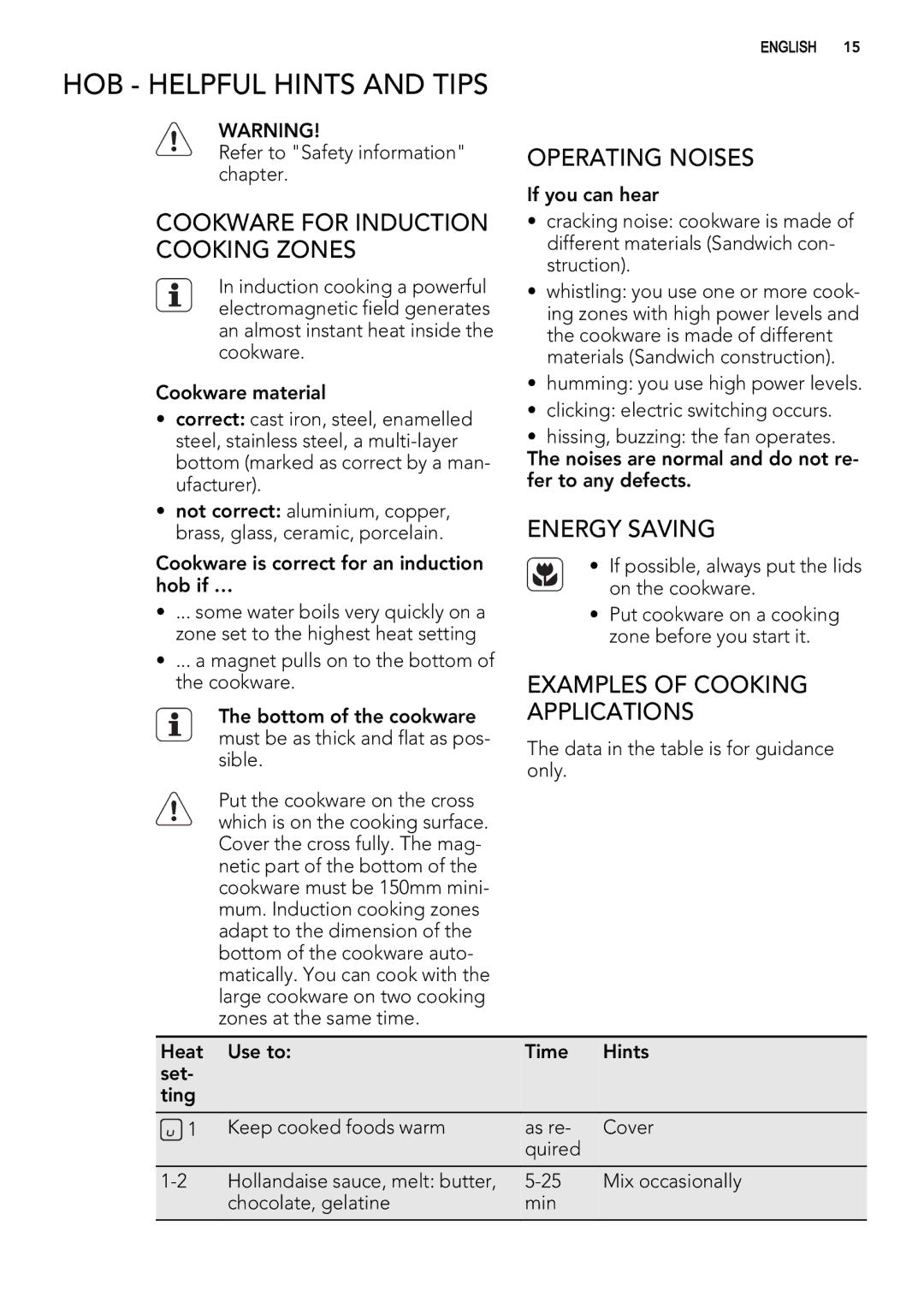 AEG 49332I-MN user manual HOB Helpful Hints and Tips, Operating Noises, Energy Saving, Examples of Cooking Applications 