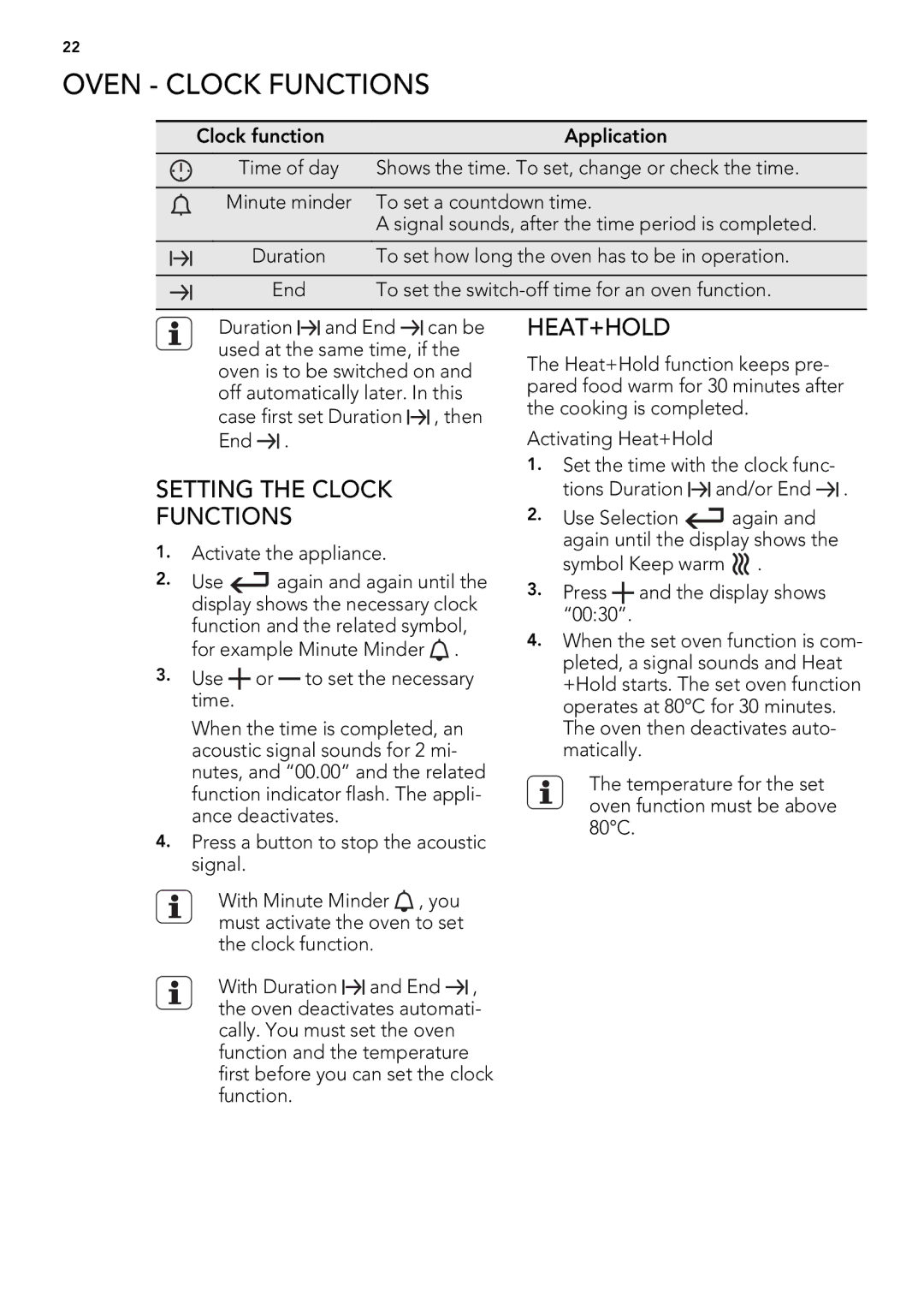 AEG 49332I-MN user manual Oven Clock Functions, Setting the Clock Functions, Heat+Hold 