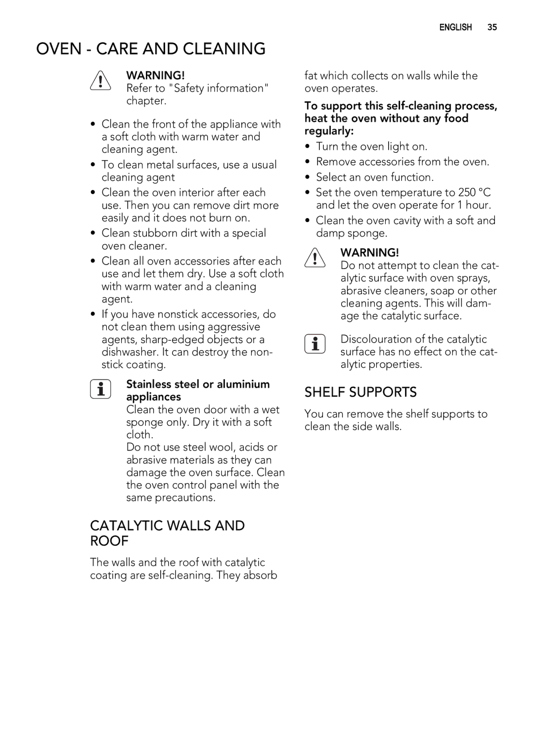 AEG 49332I-MN user manual Oven Care and Cleaning, Catalytic Walls Roof, Shelf Supports 