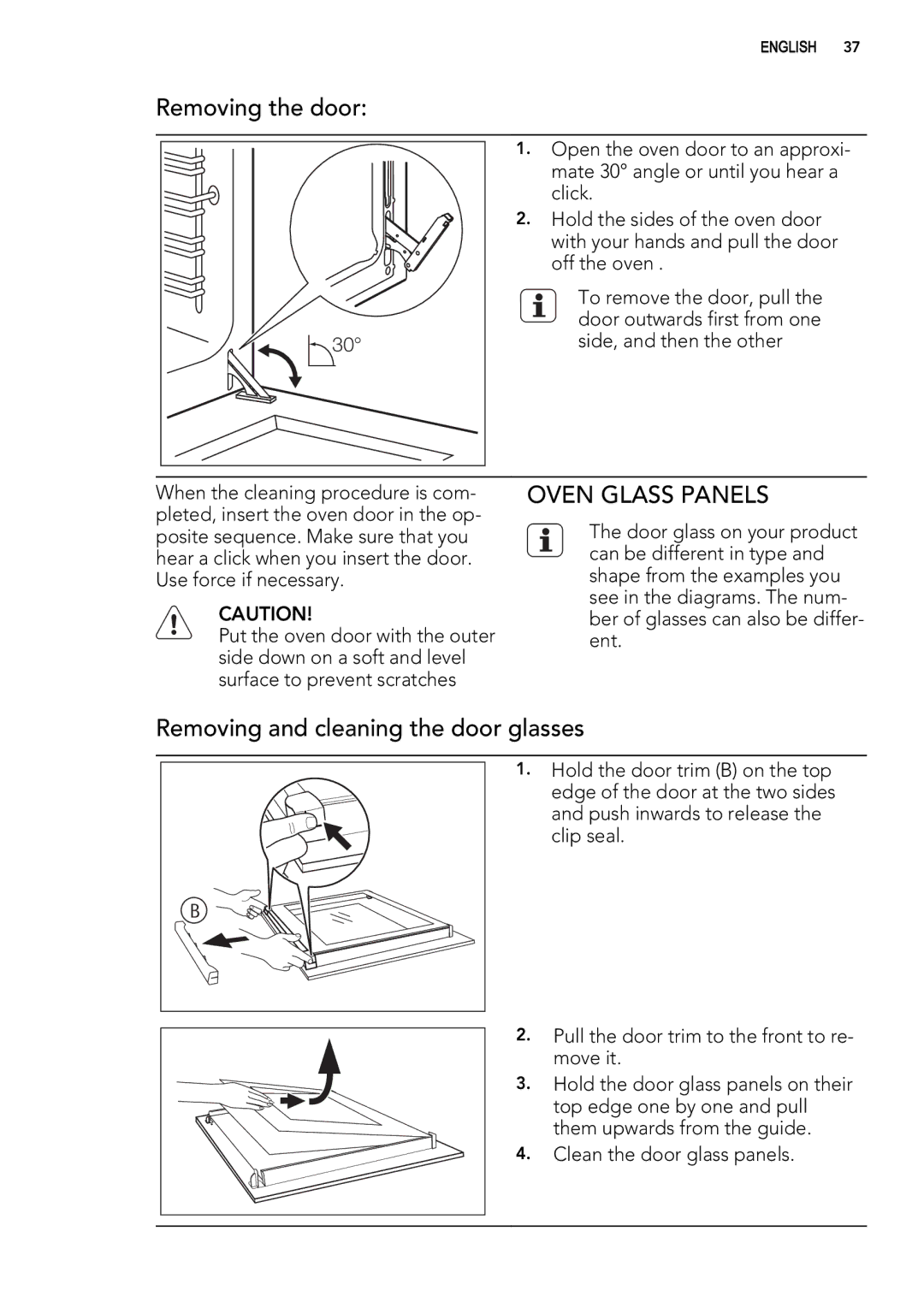 AEG 49332I-MN user manual Removing the door, Oven Glass Panels 