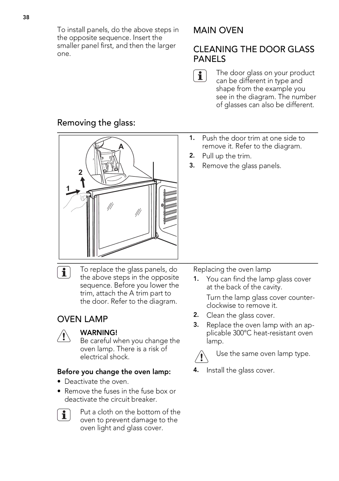 AEG 49332I-MN user manual Main Oven Cleaning the Door Glass Panels, Oven Lamp 