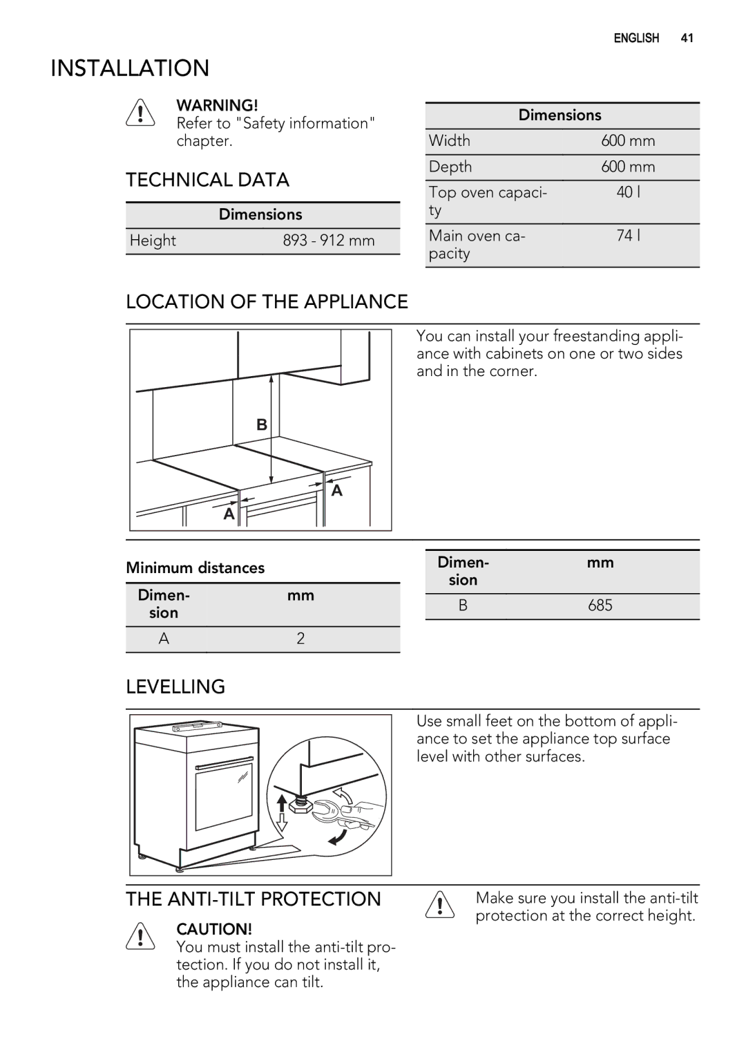 AEG 49332I-MN user manual Installation, Technical Data, Location of the Appliance, Levelling, ANTI-TILT Protection 