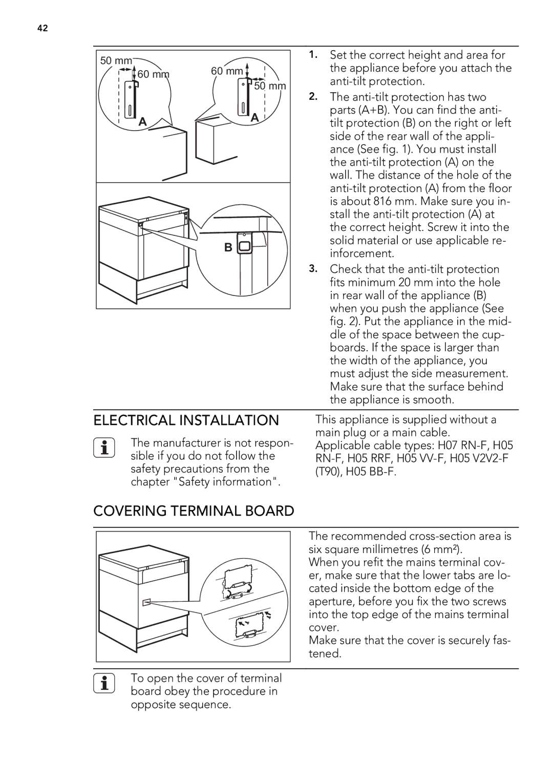 AEG 49332I-MN user manual Electrical Installation, Covering Terminal Board 