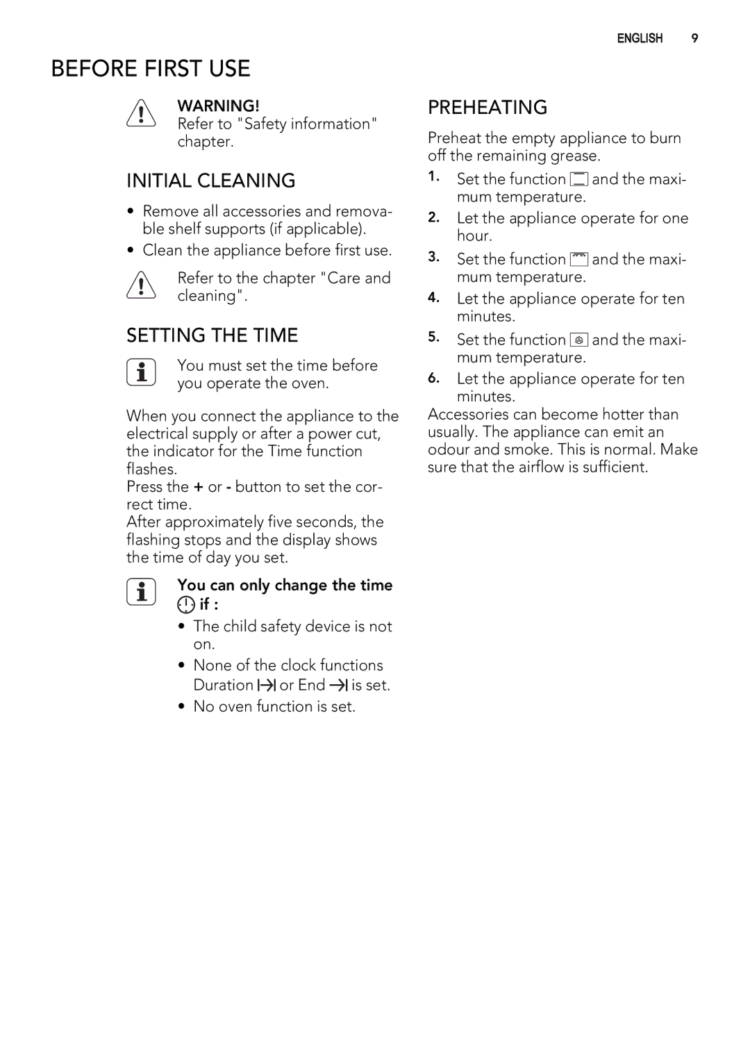 AEG 49332I-MN user manual Before First USE, Initial Cleaning, Setting the Time, Preheating 