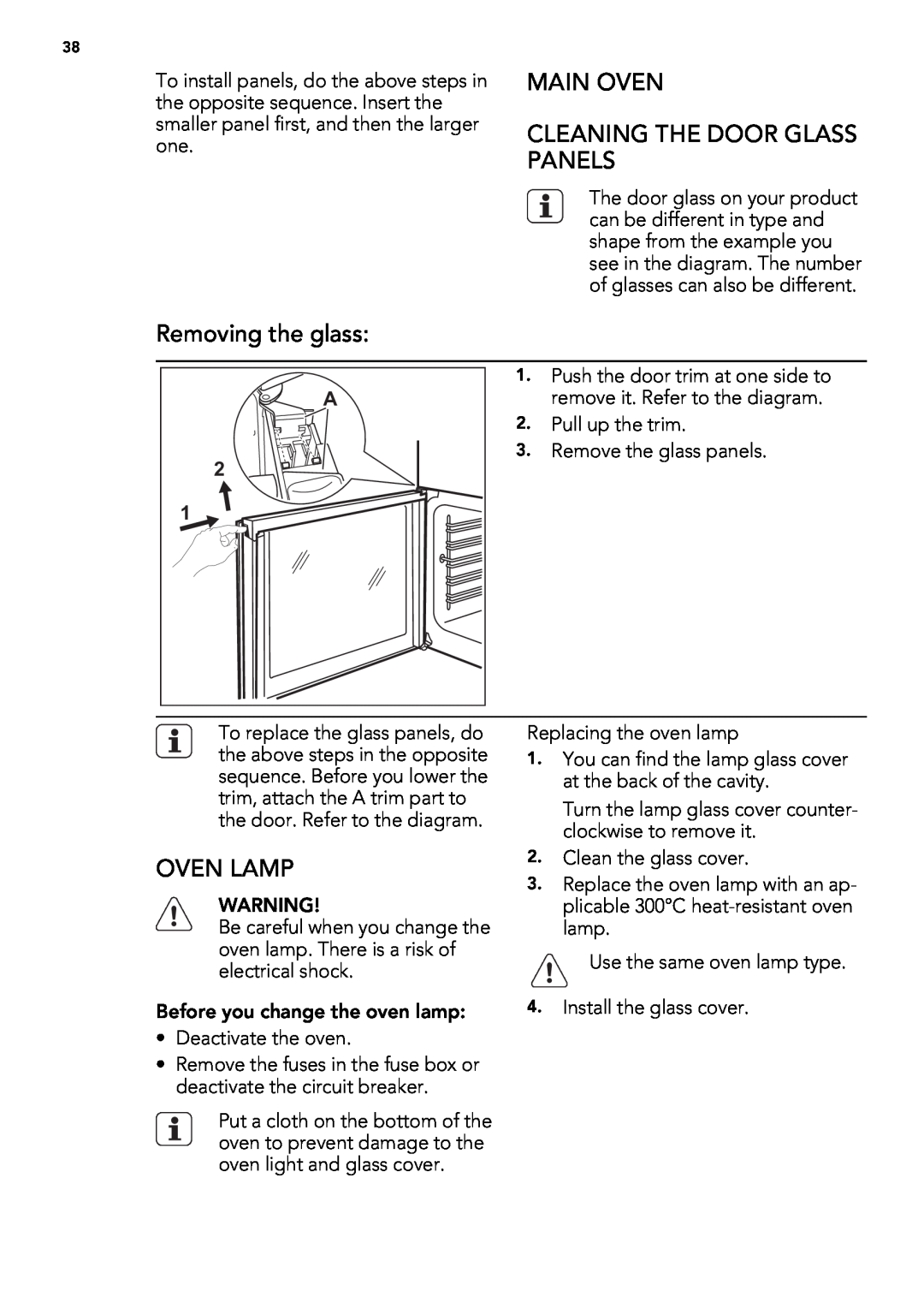 AEG 49332I-MN user manual Removing the glass, Main Oven Cleaning The Door Glass Panels, Oven Lamp 