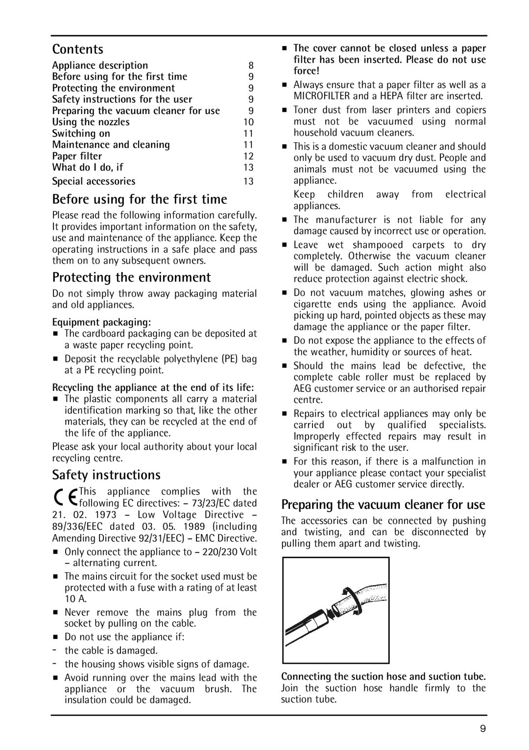 AEG 5 operating instructions Contents, Before using for the first time, Protecting the environment, Safety instructions 