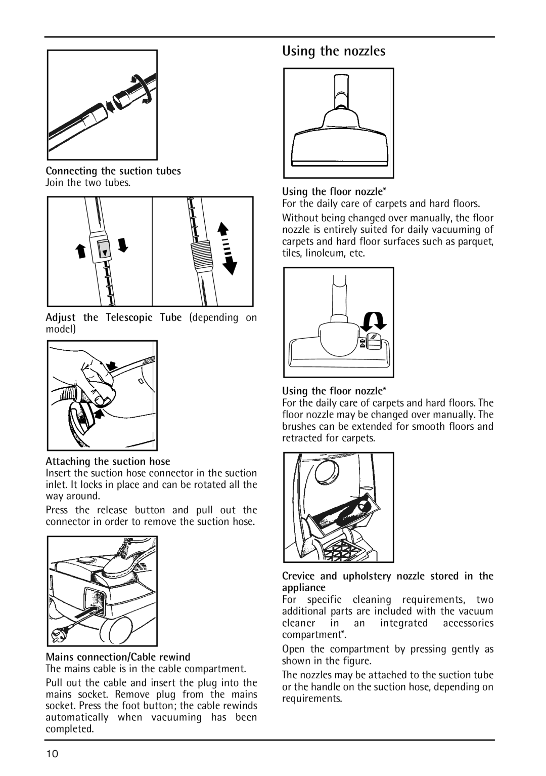 AEG 5 Using the nozzles, Connecting the suction tubes, Mains connection/Cable rewind, Using the floor nozzle 