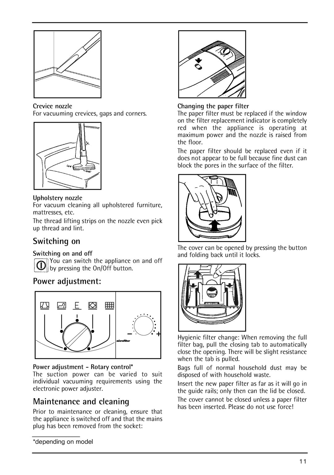 AEG 5 operating instructions Switching on, Power adjustment, Maintenance and cleaning 