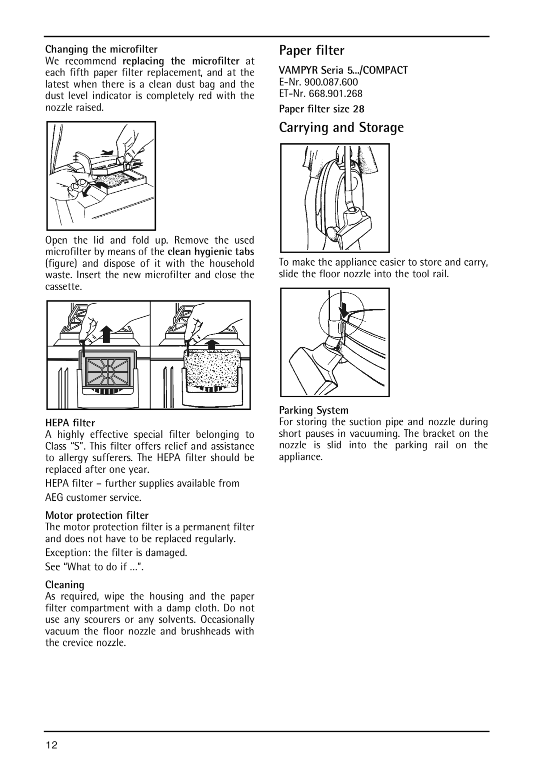 AEG 5 operating instructions Paper filter, Carrying and Storage 