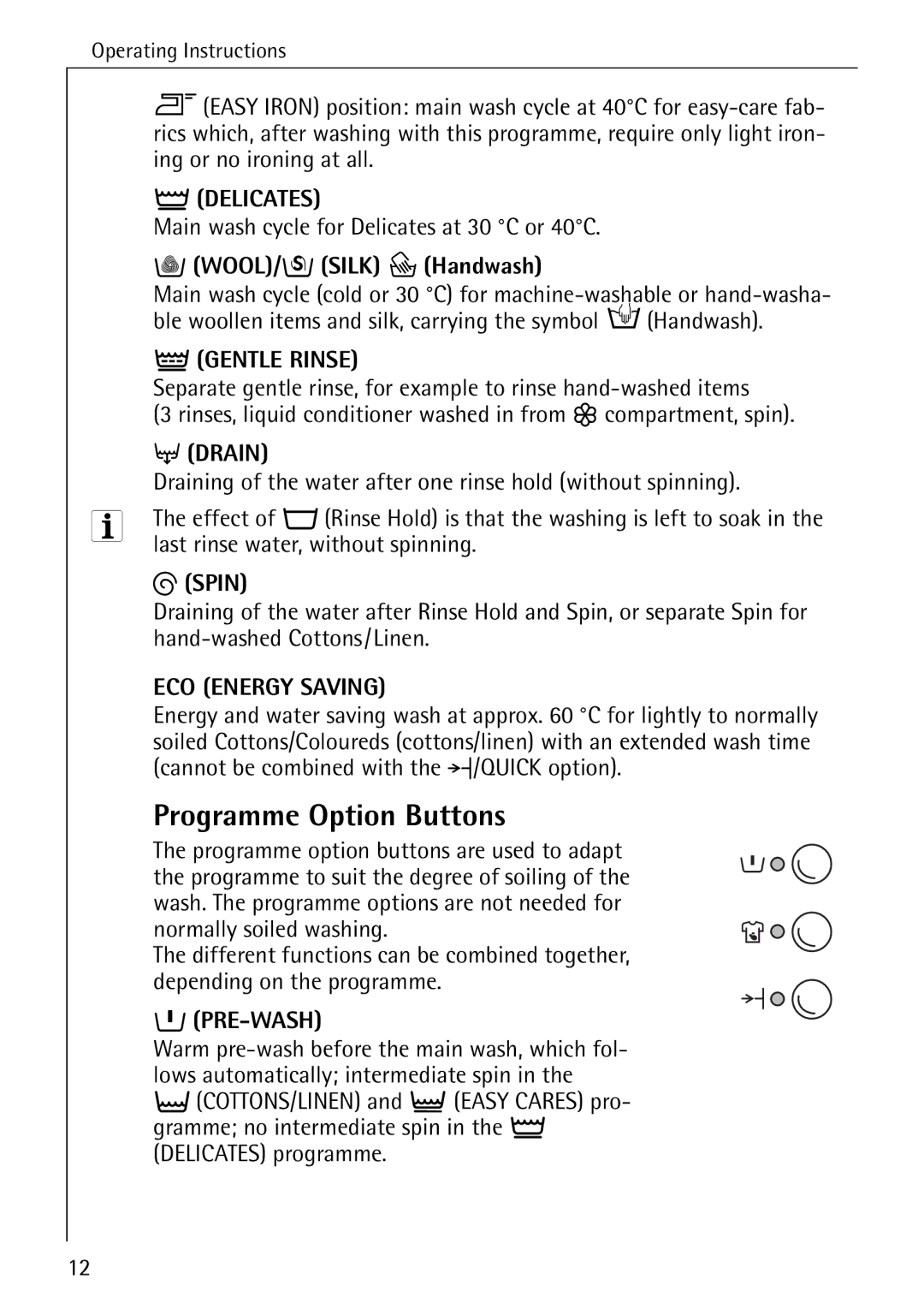 AEG 50265 manual Programme Option Buttons, WOOL/Ñ Silk P Handwash, Gentle Rinse, Drain, Pre-Wash 