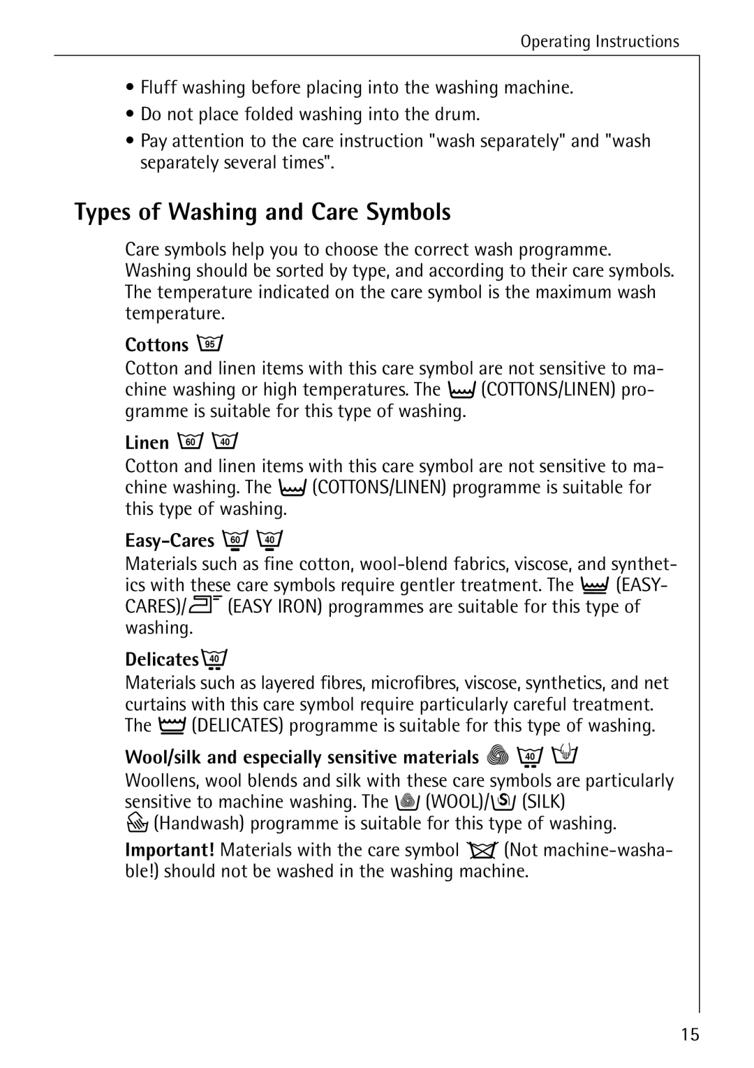 AEG 50265 manual Types of Washing and Care Symbols 