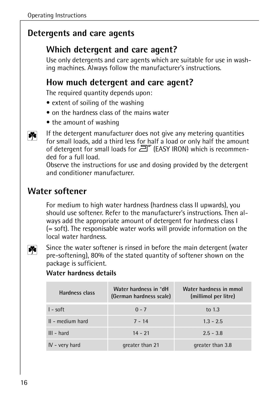 AEG 50265 Detergents and care agents Which detergent and care agent?, How much detergent and care agent?, Water softener 