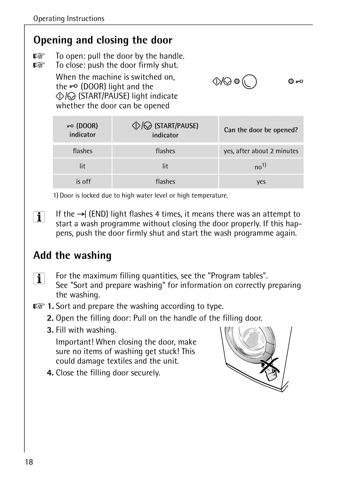 AEG 50265 manual Opening and closing the door, Add the washing, Start/Pause 