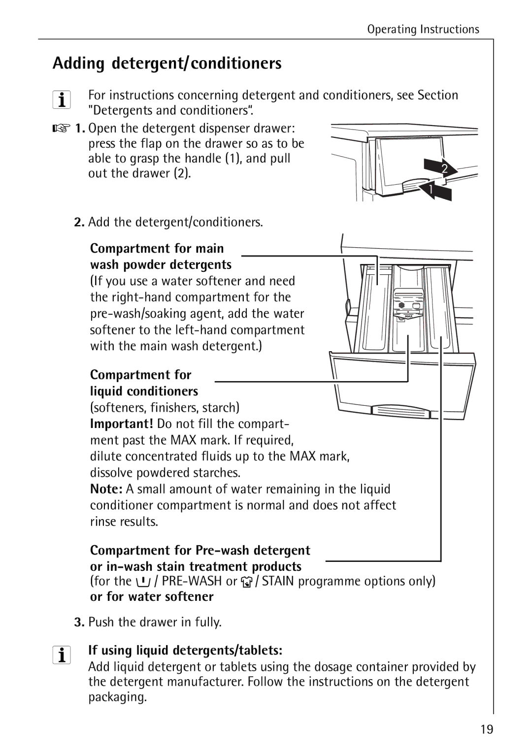 AEG 50265 manual Adding detergent/conditioners, Or for water softener, If using liquid detergents/tablets 